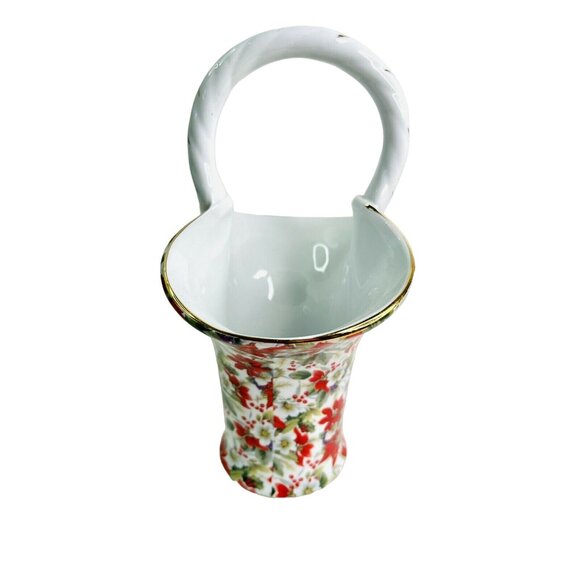Christmas Basket Vase Poinsettia Ceramic Chintz Formalities Baum Bros 9.5" x 7" - Picture 4 of 8